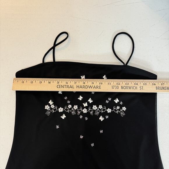 Vintage Y2K Mesh Embroidered Mini Dress Sz L Black Butterfly Flower Goth Grunge - Picture 10 of 12